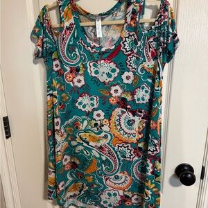 Paisley Grace Teal Multi-Color Cold Shoulder Tunic